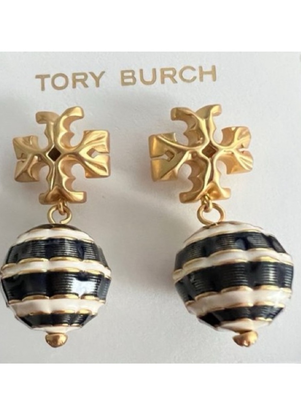 Tory Burch Black, White and Gold Siesta Roxanne Small Drop ‘n Dangle Earrings - Picture 2 of 4